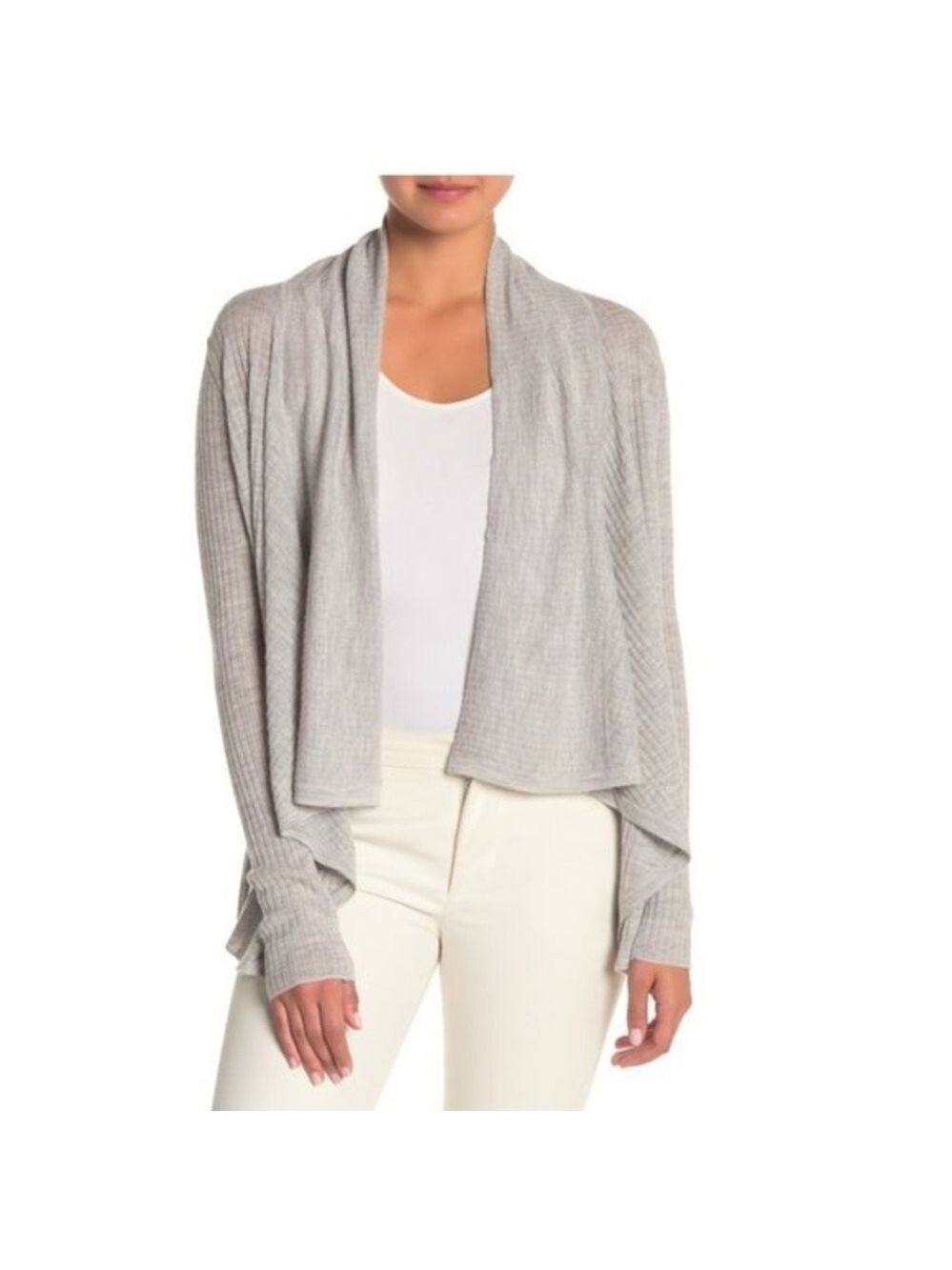 Vince Ribbed Open Front Wool Blend Cardigan